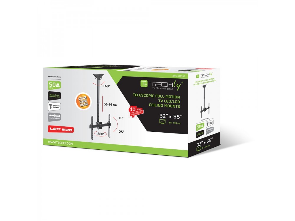 Techly TV Mount – Tilting & Swiveling Ceiling Bracket for 32"-55” TVs, Up to 50kg
