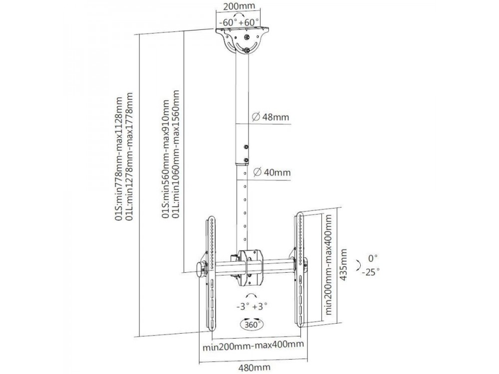Techly TV Mount – Tilting & Swiveling Ceiling Bracket for 32"-55” TVs, Up to 50kg