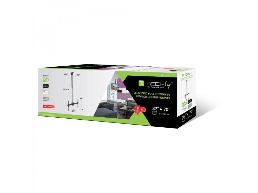 Techly TV Mount, Tilting Ceiling TV Mount with Swivel Base for TVs 37"-70”, up to 50kg