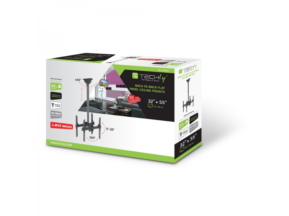 Techly TV Mount, Double Ceiling TV Mount Tilting with Swivel Base for TV 32"-55”, up to 45kg
