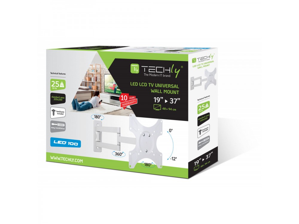 Techly TV Mount, Tilting & Swivel Stand with Split Arm for TV 19”-37”, up to 25kg, White