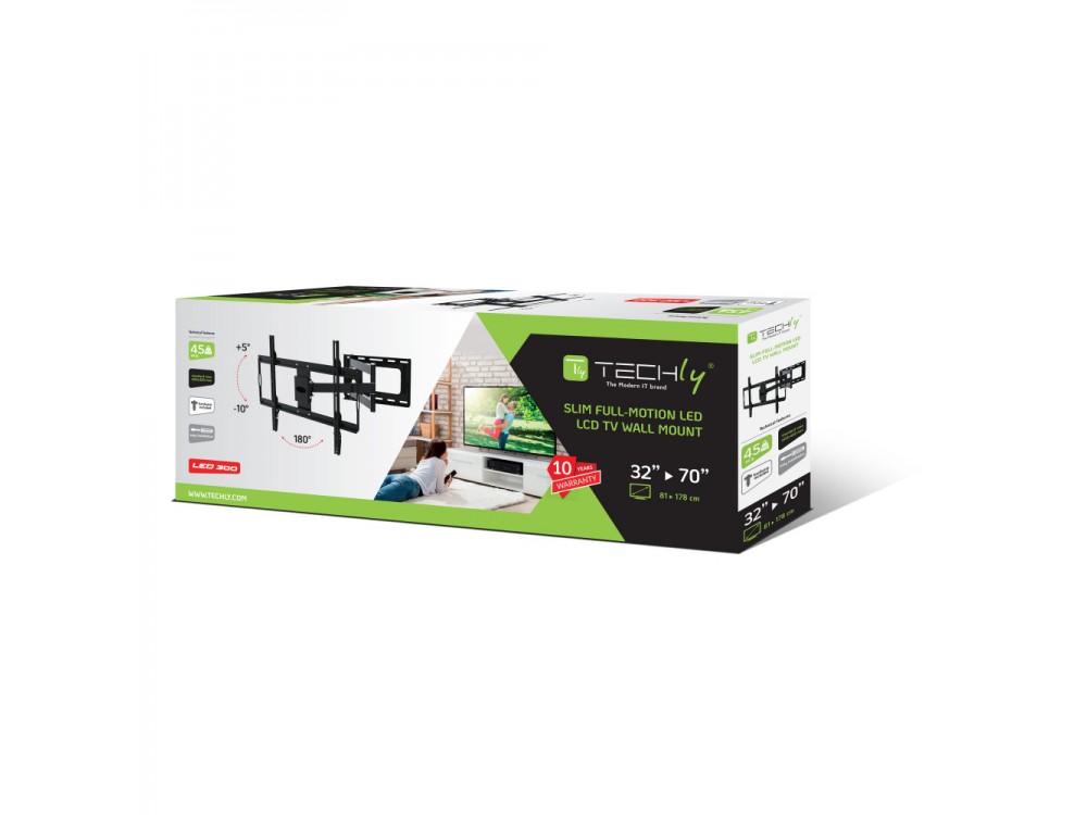 Techly Wall TV Mount, Ultra Slim Tilting Stand with Pivoting Arm for TVs 32”-70”, up to 45kg