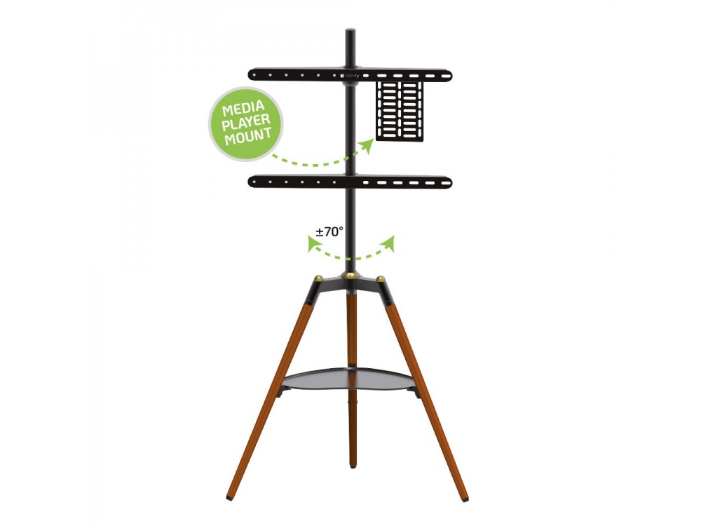 Techly Walnut Design TV Floor Stand, 32"-65" and 32kg Floor TV Stand with Shelf, Black