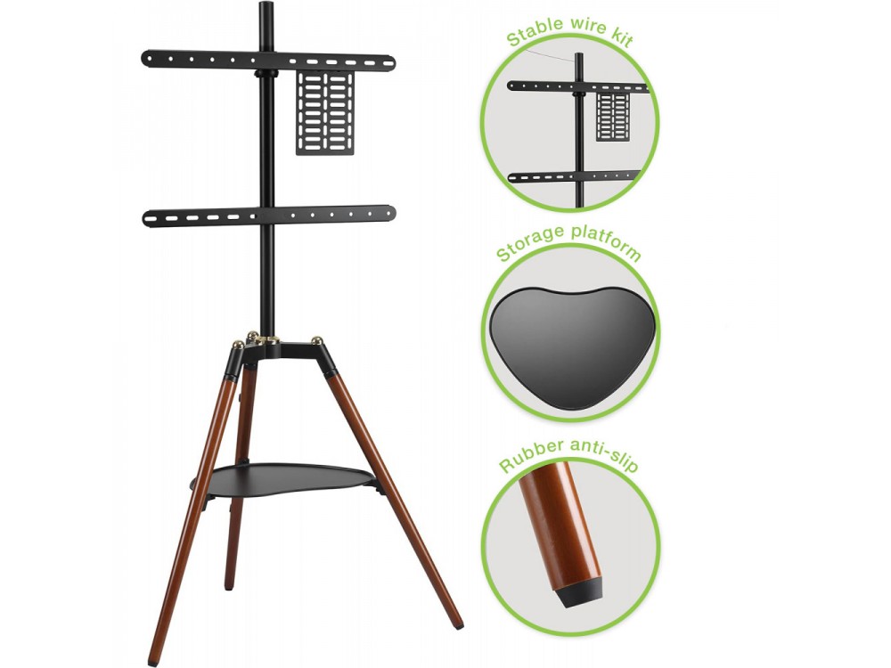 Techly Walnut Design TV Floor Stand, 32"-65" and 32kg Floor TV Stand with Shelf, Black