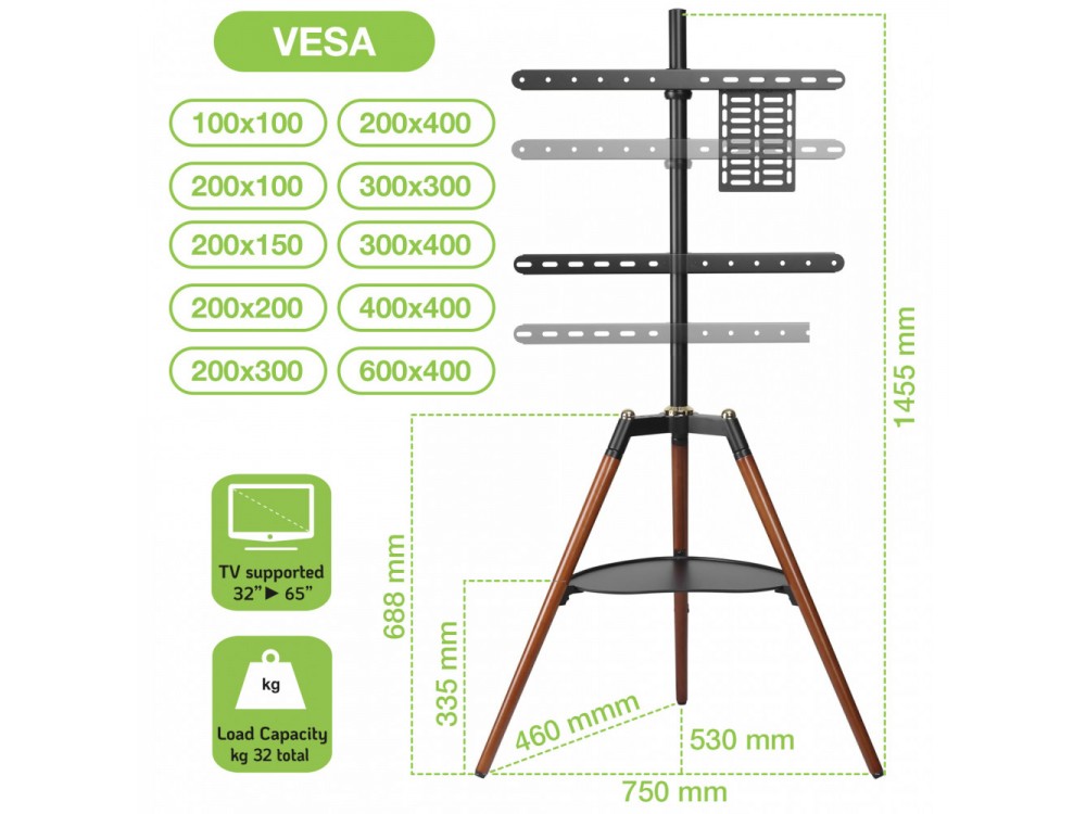 Techly Walnut Design TV Floor Stand, 32"-65" and 32kg Floor TV Stand with Shelf, Black