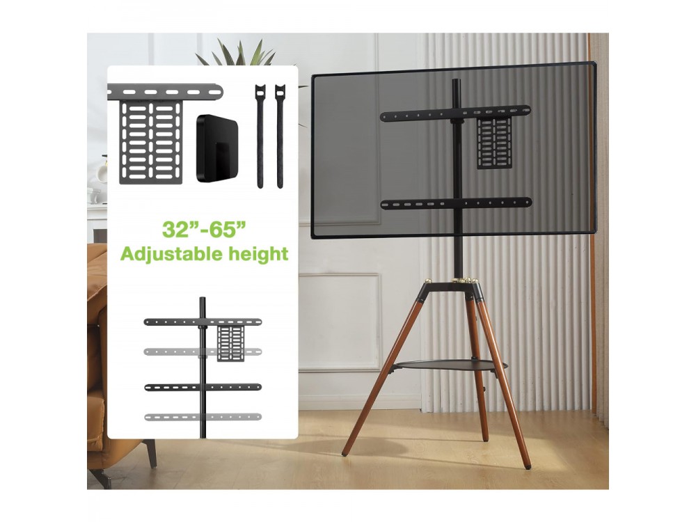 Techly Walnut Design TV Floor Stand, 32"-65" and 32kg Floor TV Stand with Shelf, Black