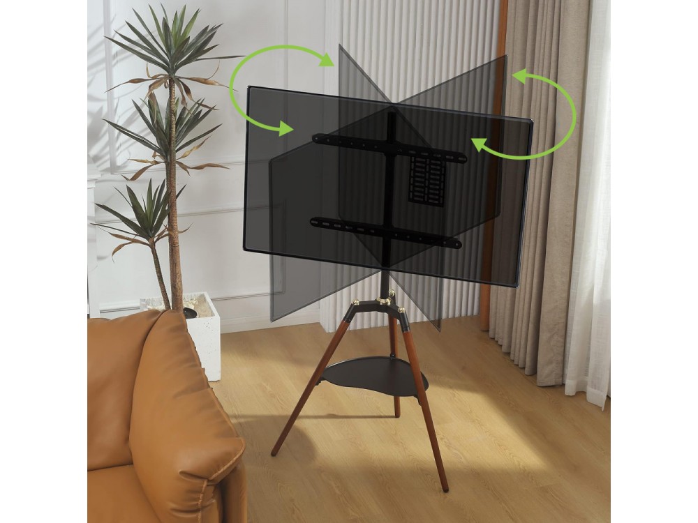 Techly Walnut Design TV Floor Stand, 32"-65" and 32kg Floor TV Stand with Shelf, Black