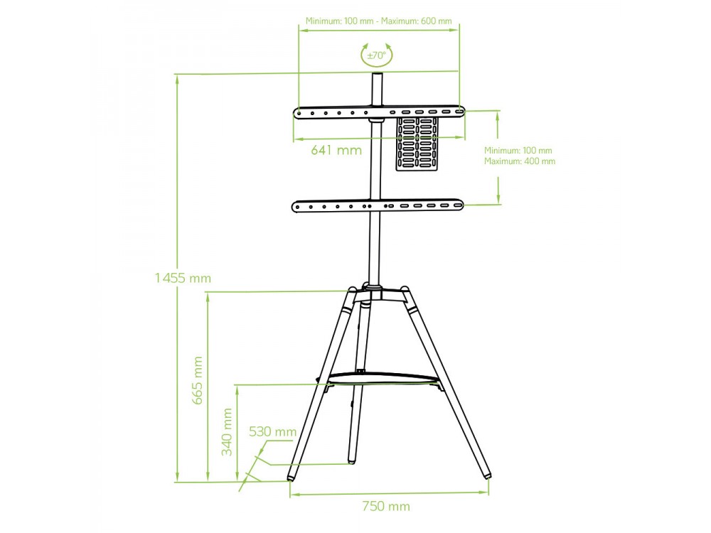 Techly Walnut Design TV Floor Stand, 32"-65" and 32kg Floor TV Stand with Shelf, Black