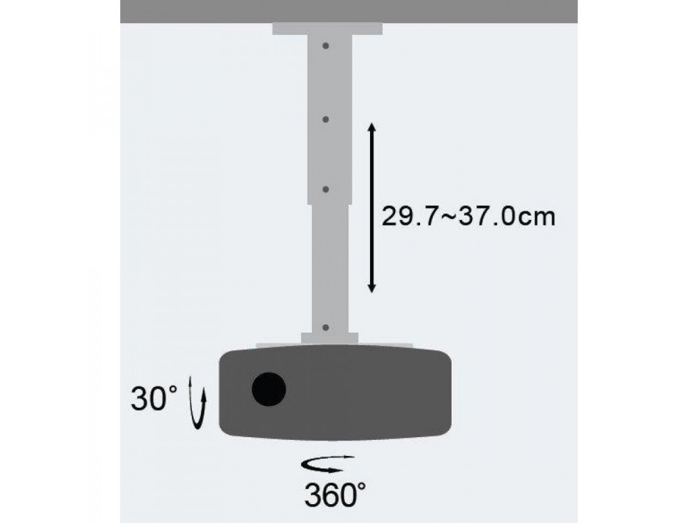 Techly Projector Ceiling Mount Up to 15kg, Universal, Adjustable 30-37cm, 360° Swivel & 30° Tilt, Silver