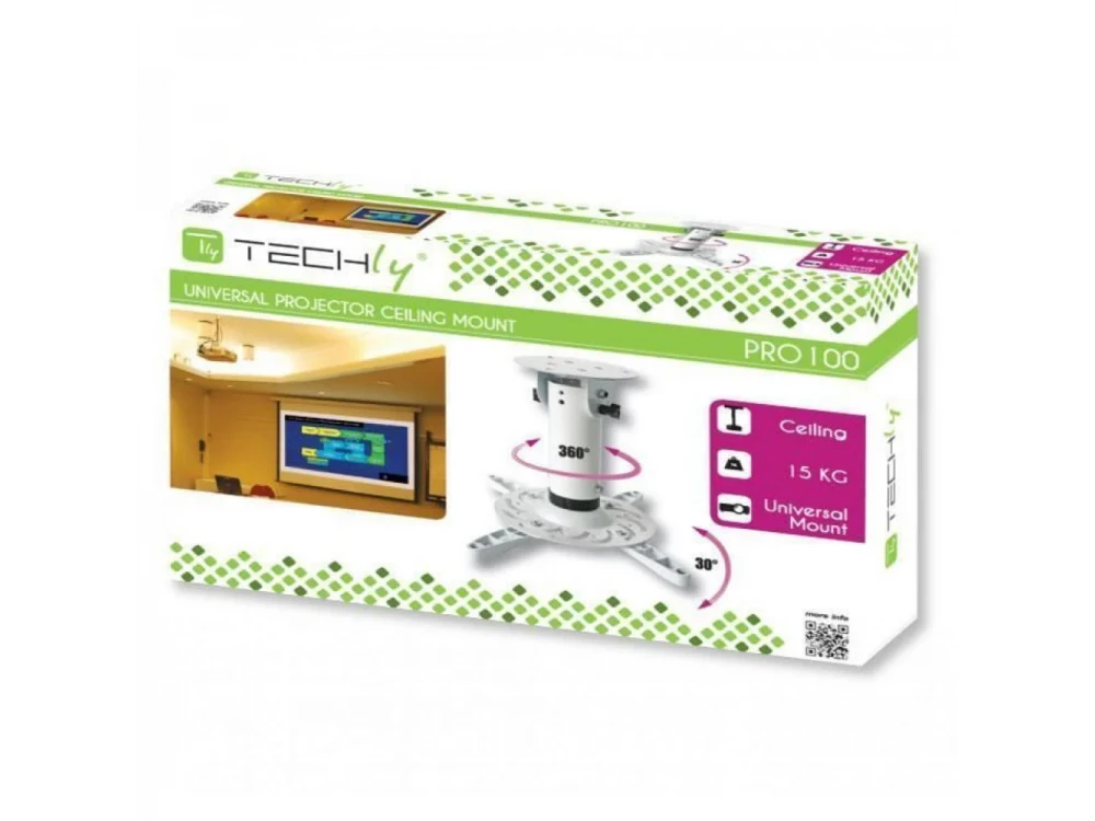 Techly Projector Ceiling Mount Up to 15kg, Universal, 360° Swivel & 30° Tilt, White