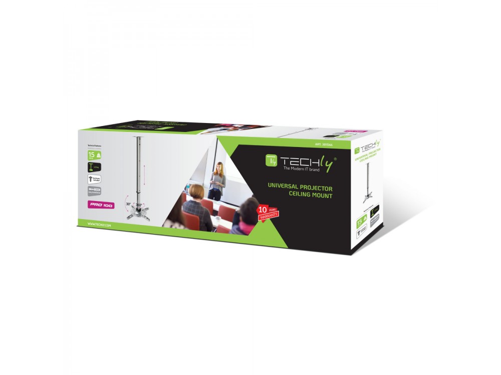Techly Projector Ceiling Mount Up to 15kg, Universal, Adjustable 30-37cm, 360° Swivel & 30° Tilt, Silver
