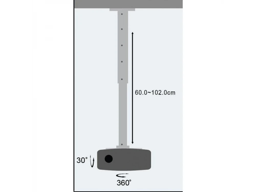 Techly Projector Ceiling Mount Up to 15kg, Universal, Adjustable 60-102cm, 360° Swivel & 30° Tilt, Silver