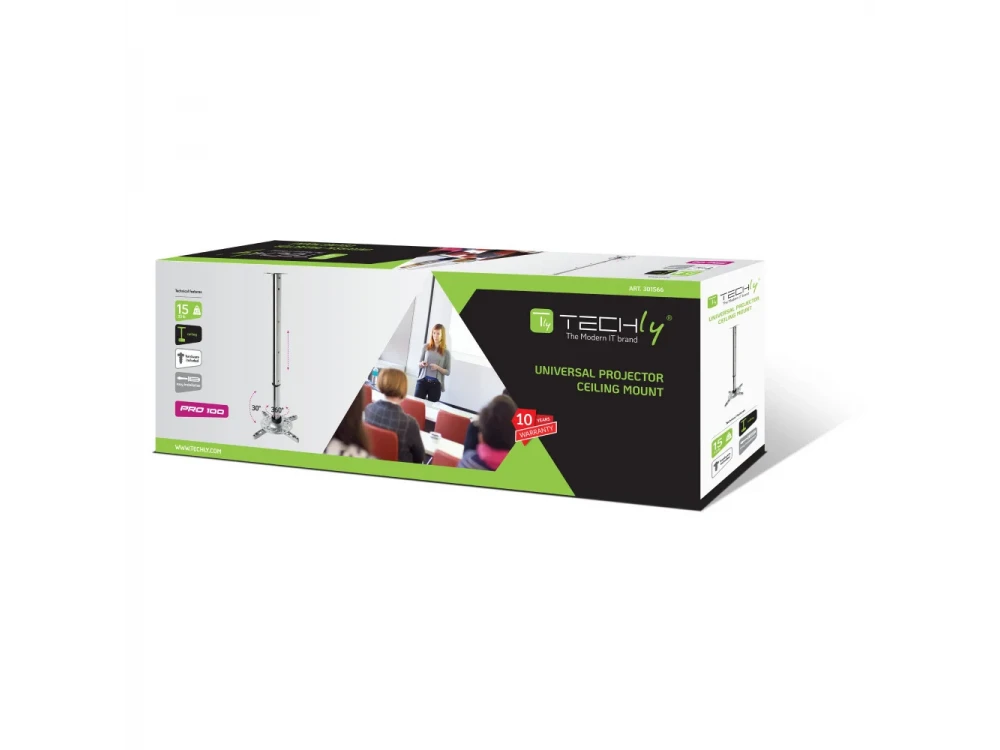 Techly Projector Ceiling Mount Up to 15kg, Universal, Adjustable 60-102cm, 360° Swivel & 30° Tilt, Silver