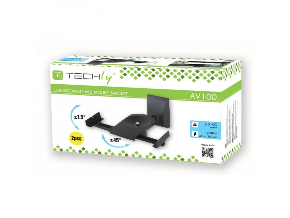 Techly Set of 2 Wall Speaker Mounts, Tilting & Swivel, for Speakers up to 25kg, Black