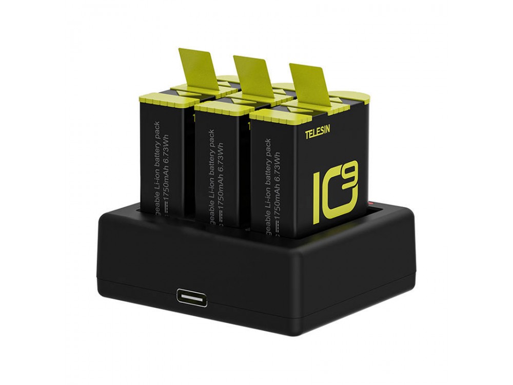 Telesin GoPro Hero 10 / Hero 9 Battery Charger, Triple Set with 2 Batteries Capacity 1,750mAh