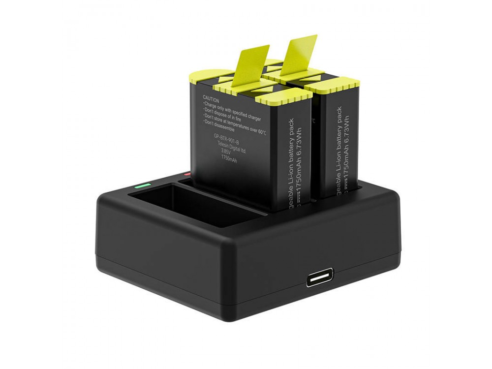 Telesin GoPro Hero 10 / Hero 9 Battery Charger, Triple Set with 2 Batteries Capacity 1,750mAh