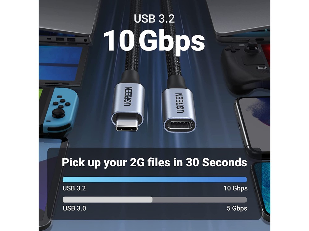 Ugreen USB-C Καλώδιο Επέκτασης 1μ. Type-C Θηλυκό σε Type-C Αρσενικό USB3.1 Gen2 10Gbps, με Νάυλον Ύφανση, Μαύρο