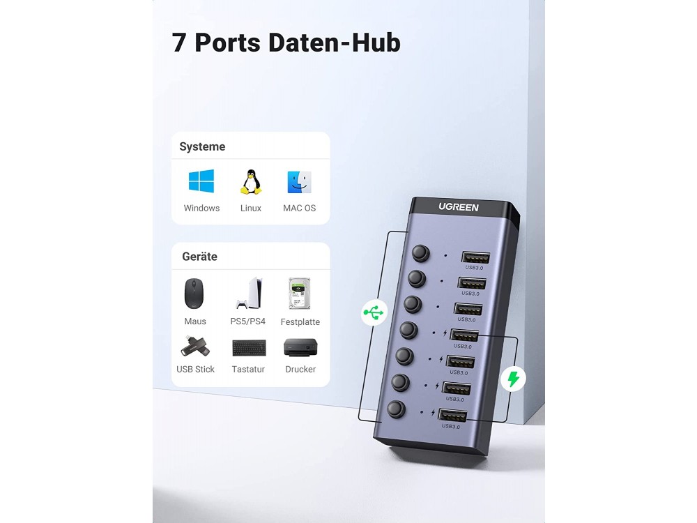 Ugreen 7-Port (USB3.0 Data *7) Data Hub & Charger (4 Θύρες Φόρτισης) με Individual Switch & Τροφοδοτικό