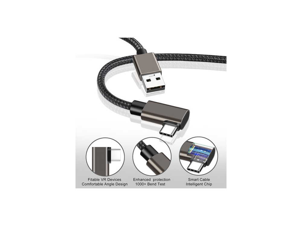Nordic 90° Angled USB-C to USB 3.1 Gen1 cable 5m with Nylon Weave for Oculus / iPad / Samsung etc., Black
