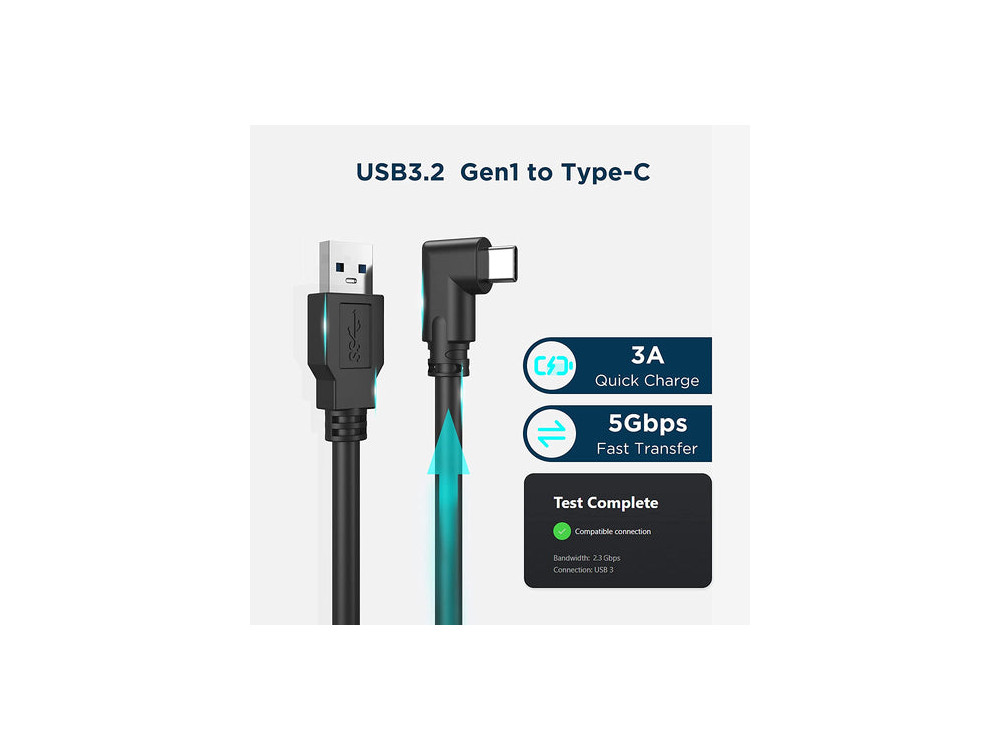 Nordic 90° Angled USB-C to USB 3.1 Gen1 cable 5m with Nylon Weave for Oculus / iPad / Samsung etc., Black