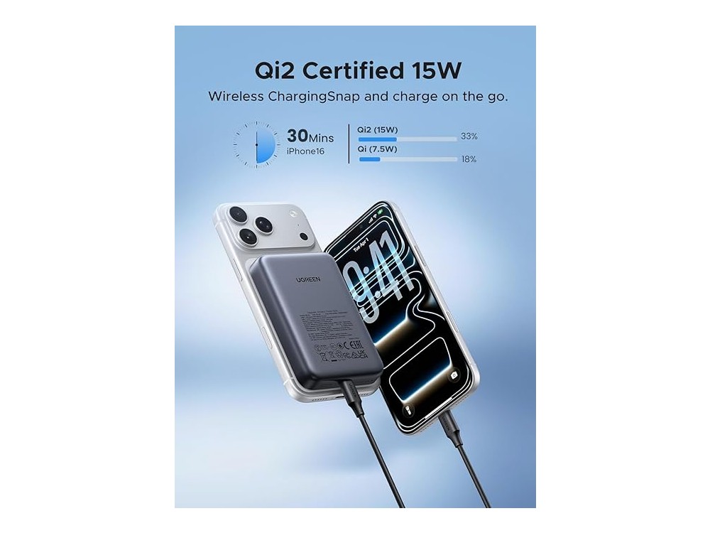 Ugreen 55135B 10K, Μαγνητικό Power Bank 10.000mAh Qi2 Certified 15W MagSafe για iPhone, Black