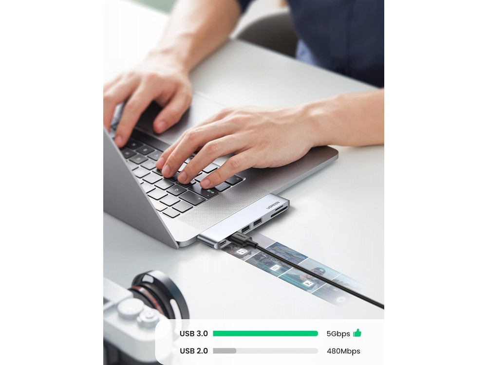 Ugreen 6-in-2 Type-C Pro Hub για Macbook Pro / Air 100W με 1 * Thunderbolt 3 Type-C + 3*USB3.0 Θύρες + Card reader, Silver