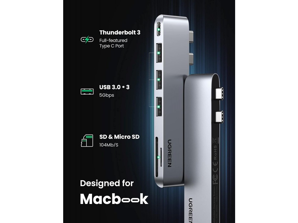 Ugreen 6-in-2 Type-C Pro Hub για Macbook Pro / Air 100W με 1 * Thunderbolt 3 Type-C + 3*USB3.0 Θύρες + Card reader, Silver