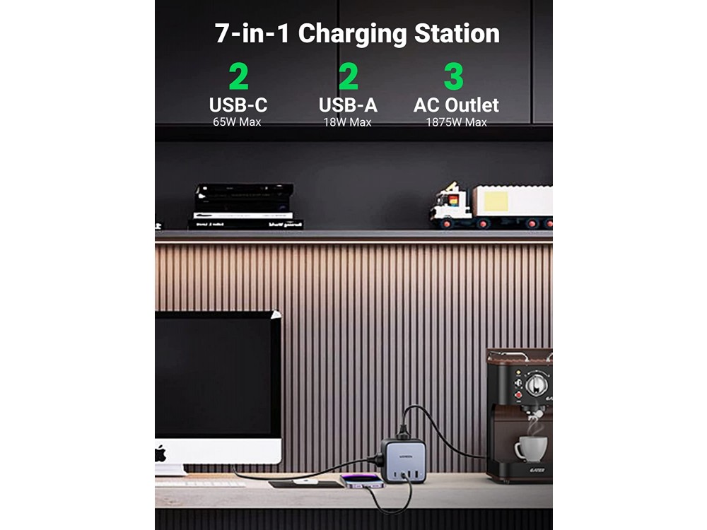 Ugreen DigiNest Cube 3-outlet Power Strip, Power Strip with 2 Type-C Ports 65W PD / PPS & 2 USB FCB / QC3.0 Ports, Black