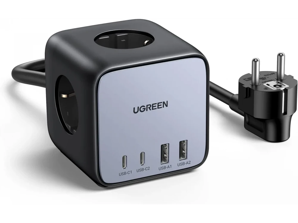 Ugreen DigiNest Cube 3-outlet Power Strip, Power Strip with 2 Type-C Ports 65W PD / PPS & 2 USB FCB / QC3.0 Ports, Black