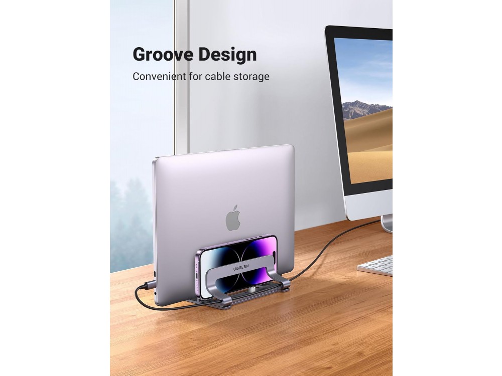 Ugreen Double Vertical Laptop Stand, Κάθετη Βάση Αλουμινίου, 2 Θέσεων με Ρυθμιζόμενο Πάχος, για Laptop / Macbook / Macbook, Grey