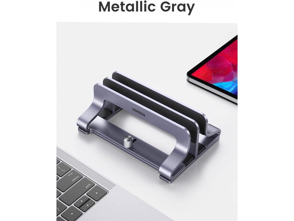 Ugreen Double Vertical Laptop Stand, Κάθετη Βάση Αλουμινίου, 2 Θέσεων με Ρυθμιζόμενο Πάχος, για Laptop / Macbook / Macbook, Grey