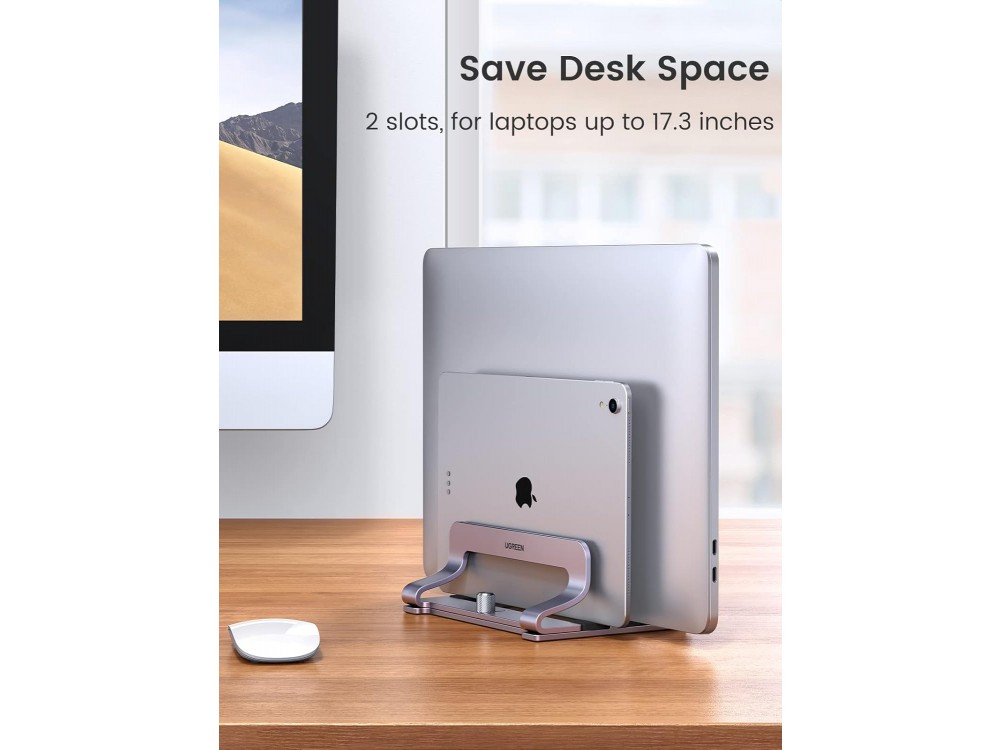 Ugreen Double Vertical Laptop Stand, Κάθετη Βάση Αλουμινίου, 2 Θέσεων με Ρυθμιζόμενο Πάχος, για Laptop / Macbook / Macbook, Grey
