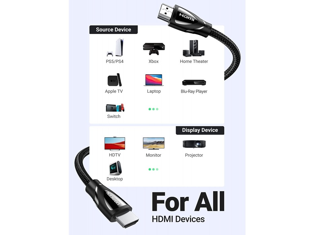 Ugreen HDMI v2.1 8Κ@60Hz, 3m., Nylon Braided Cable, eARC, 48Gbps, HDR & HDCP 2.2
