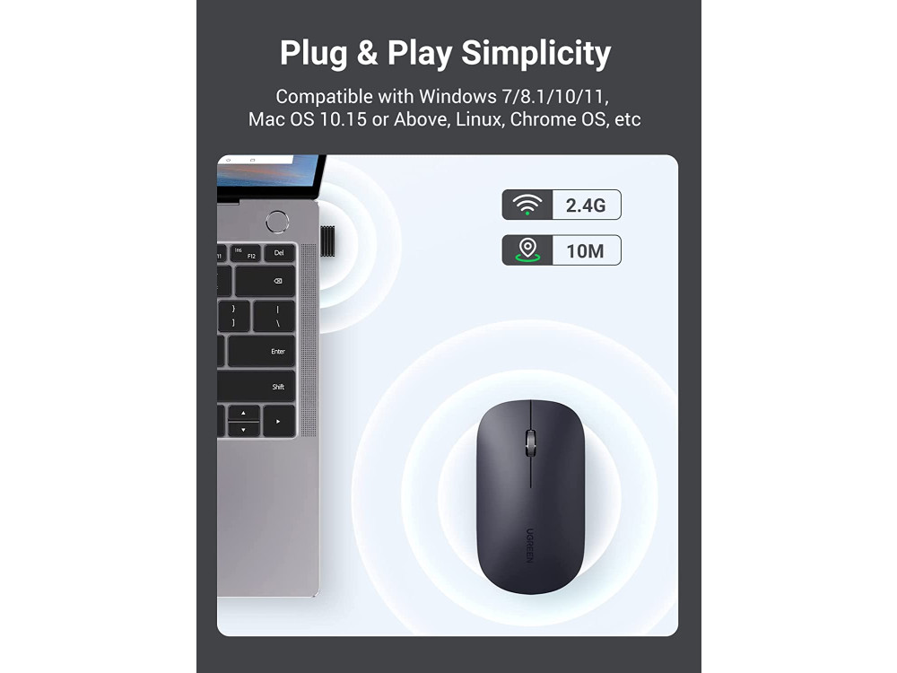 Ugreen MU001 Silent Ασύρματο Ποντίκι, 1000/1600/2000/4000 DPI, 3 πλήκτρων, για Android / Windows / Linux / Mac OS - 90372