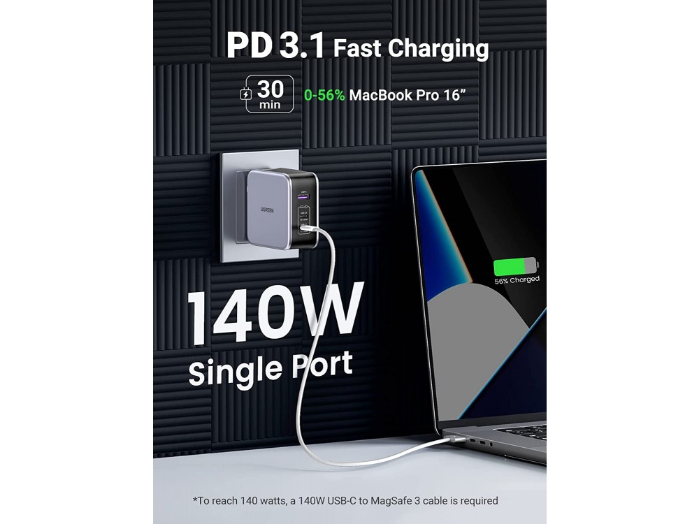 Ugreen Nexode 3-Port PD Fast Charger, Φορτιστής πρίζας 3-θυρών 140W GaN Power Delivery, PPS, Quick Charge 4.0, FCP, AFC - 90549