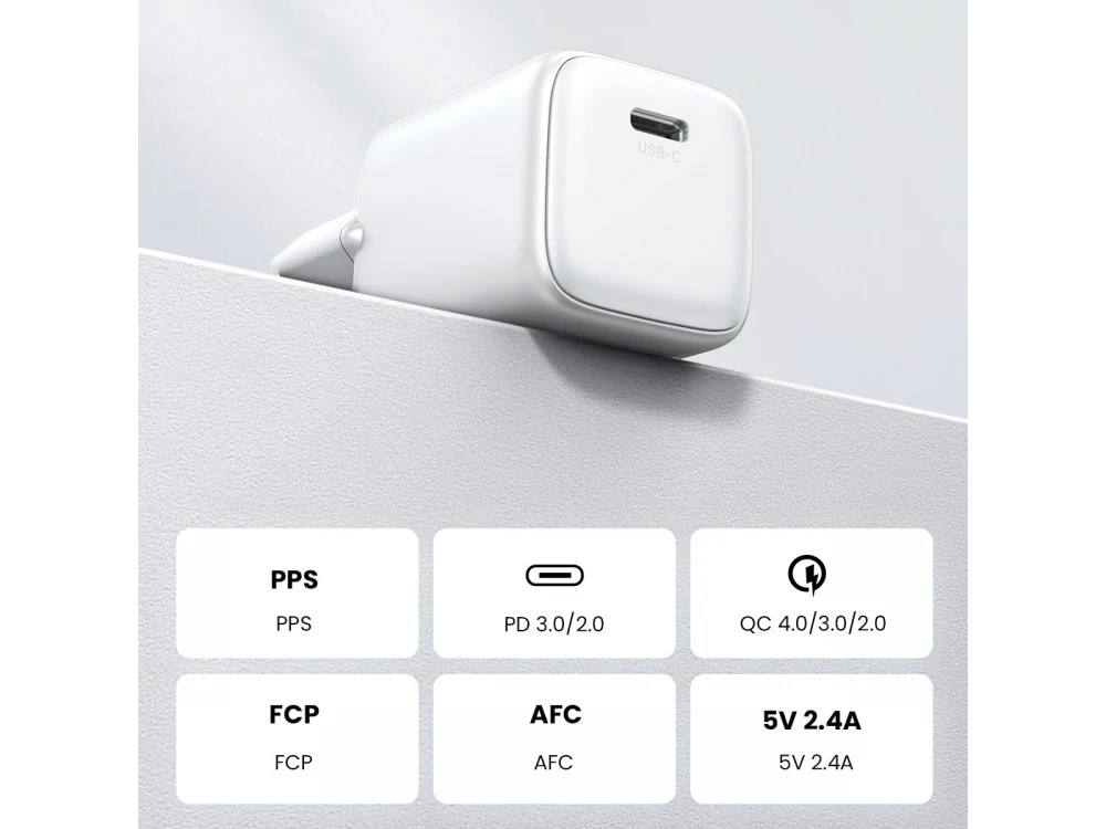 Ugreen Nexode Mini PD Fast Charger, 30W GaN Wall Charger with Power Delivery, PPS, Quick Charge 4.0, FCP, AFC, White