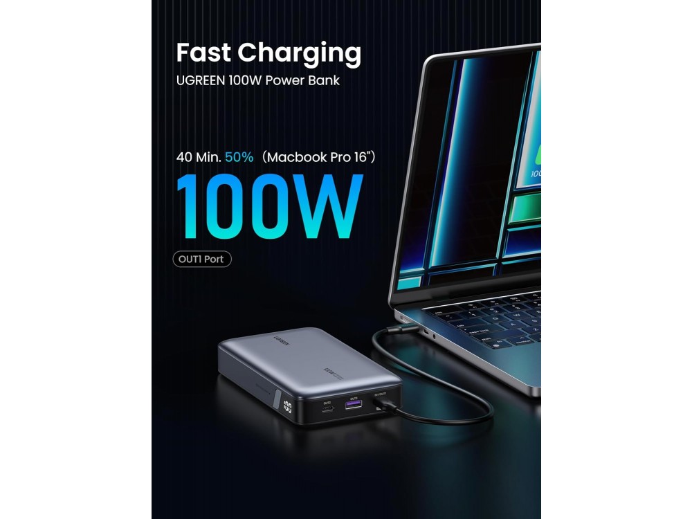 Ugreen Power Bank 20000mAh, 100W με Θύρα USB-A & USB-C * 2, Power Delivery / Quick Charge 2.0 / Quick Charge 3.0, Γκρι