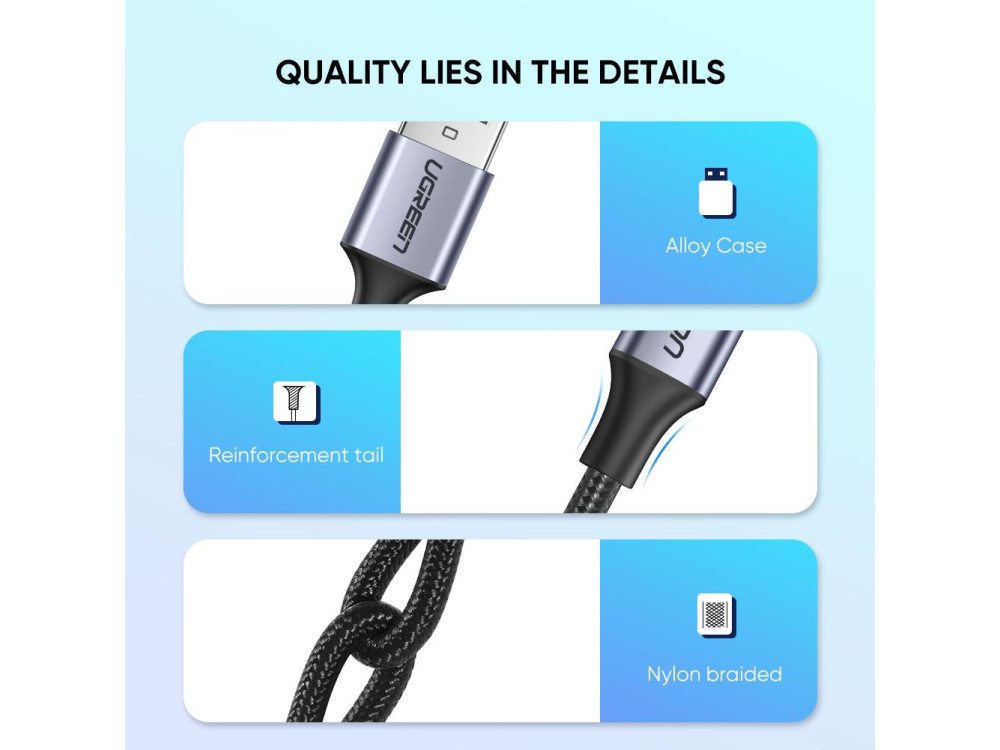 Ugreen USB-C Καλώδιο 0,25μ. με Νάυλον ύφανση και Επαφές Αλουμινίου, Υποστήριξη QC3.0 & 3A - 60124, Μαύρο
