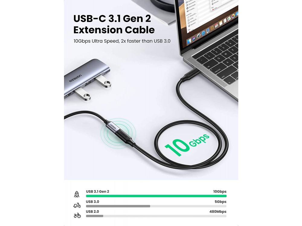 Ugreen USB-C Καλώδιο Επέκτασης 1μ. Type-C Θηλυκό σε Type-C Αρσενικό USB3.1 Gen2 10Gbps, Μαύρο
