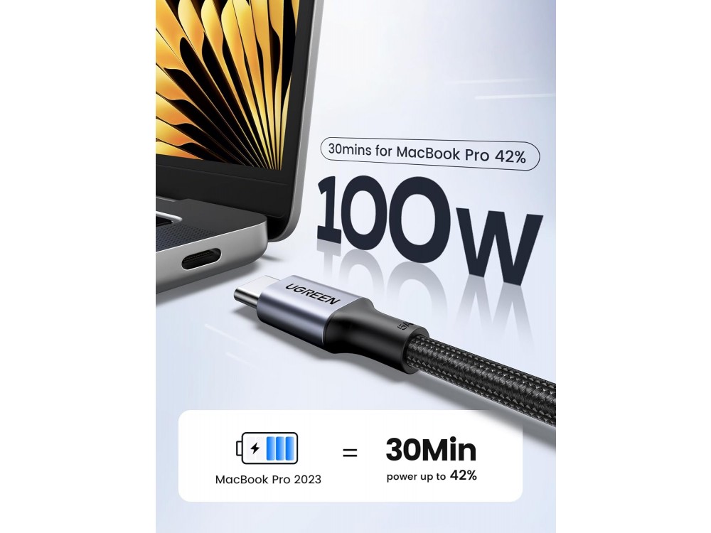 Ugreen USB-C σε USB-C Καλώδιο 1μ. με Νάυλον ύφανση και Επαφές Αλουμινίου Υποστήριξη PD3.0/QC4.0/FCP & 5A / 100W, Μαύρο