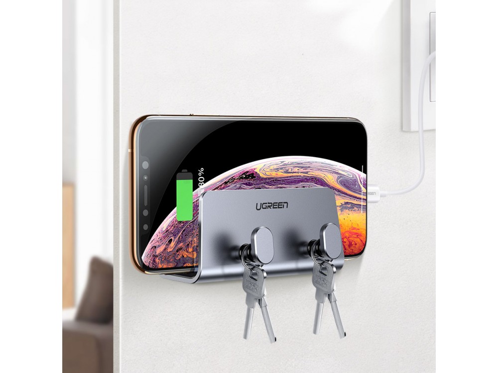 Ugreen Wall Mount for Smartphone, Metal with Hooks for hanging accessories, Self-adhesive, Silver