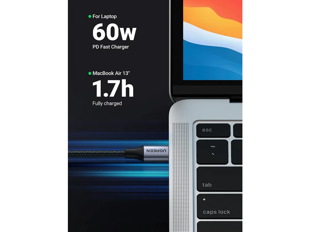 Ugreen Γωνιακό 90° USB-C σε USB-C καλώδιο 2μ. Με Νάυλον ύφανση, Black