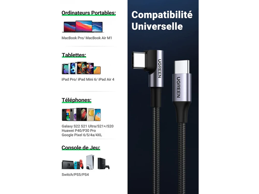 Ugreen Γωνιακό 90° USB-C σε USB-C καλώδιο 2μ. Με Νάυλον ύφανση, Black