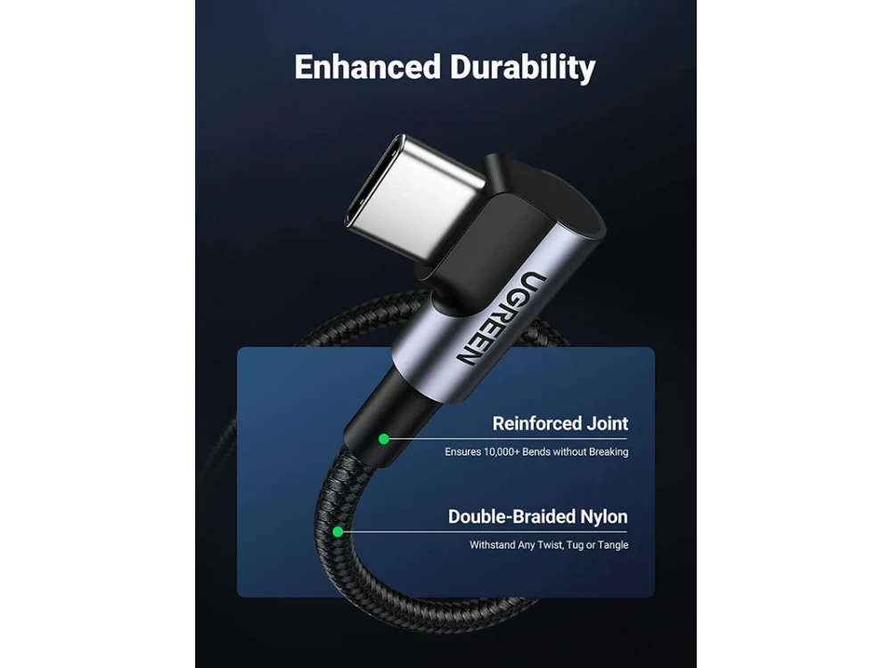 Ugreen Γωνιακό 90° USB-C σε USB-C καλώδιο 2μ. Με Νάυλον ύφανση, Black