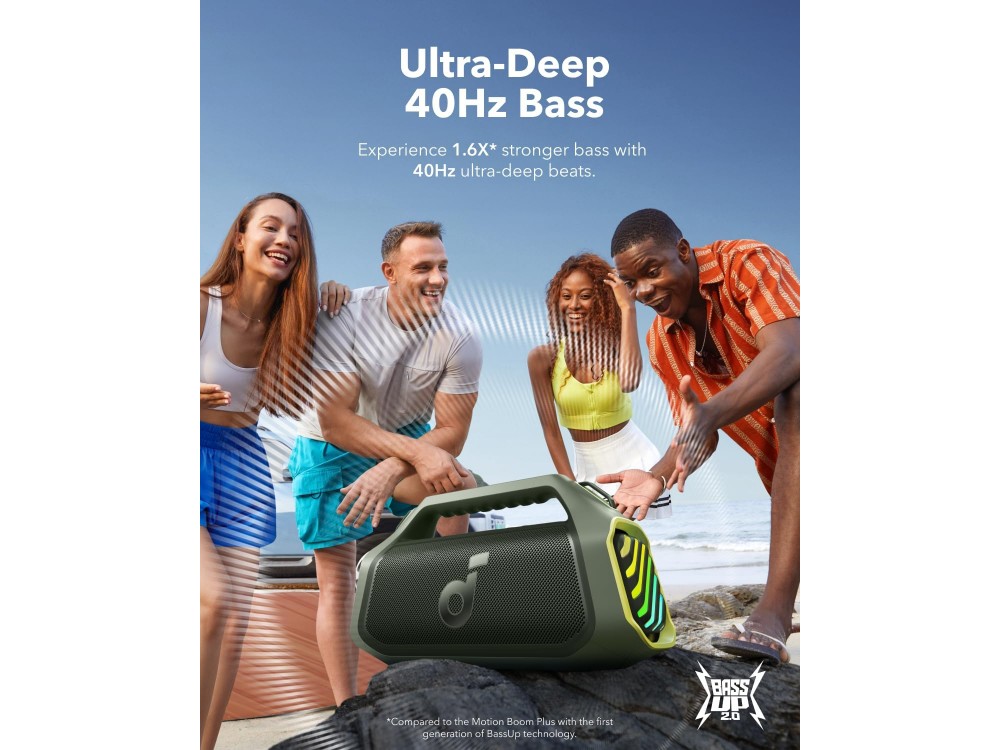 Anker Soundcore Boom 2 Plus Portable Bluetooth Speaker 140W IPX7, BassUp 2.0, 2+2 Channels, RGB Lights 20H Playtime, Adventure Green