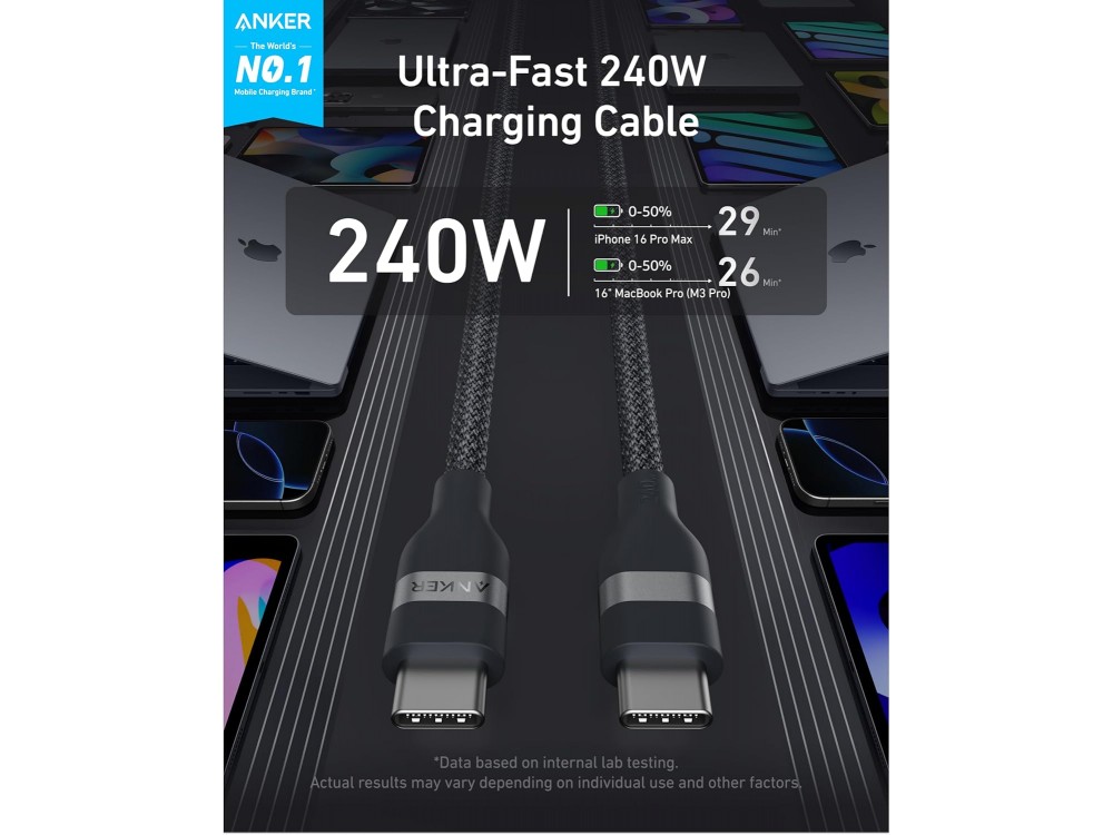 Anker Nano Καλώδιο USB-C σε USB-C 1.8μ. 240W με Νάυλον ύφανση, Black