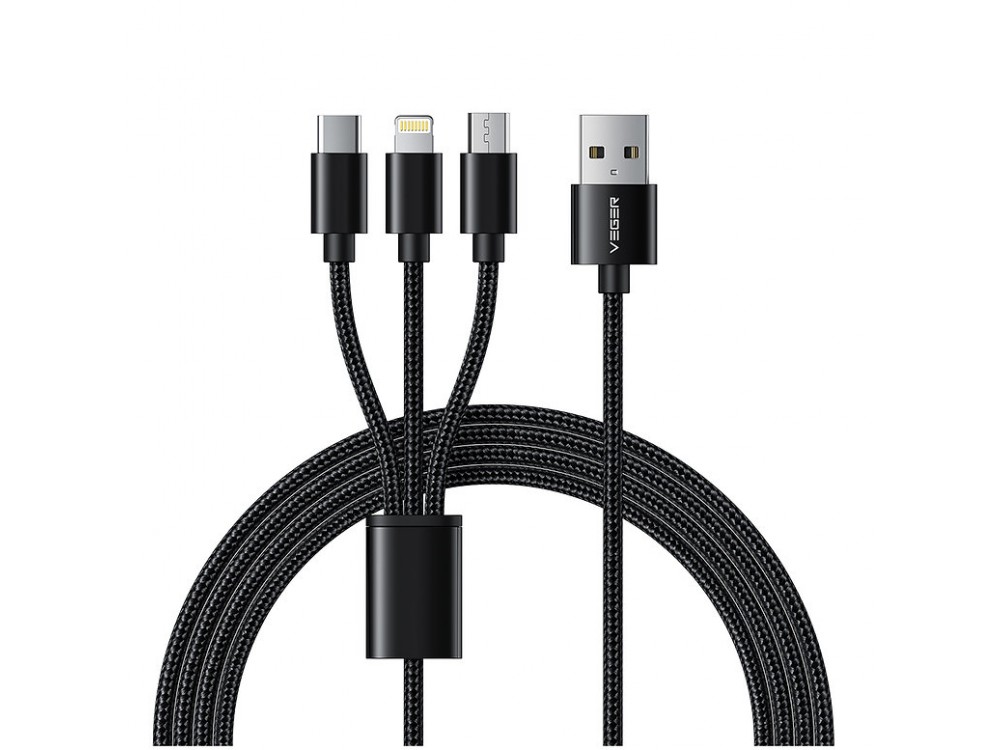 Veger V303 Καλώδιο USB-A σε Lightning / Type-C / micro USB 1.5m με Ναϋλον Ύφανση - Μαύρο