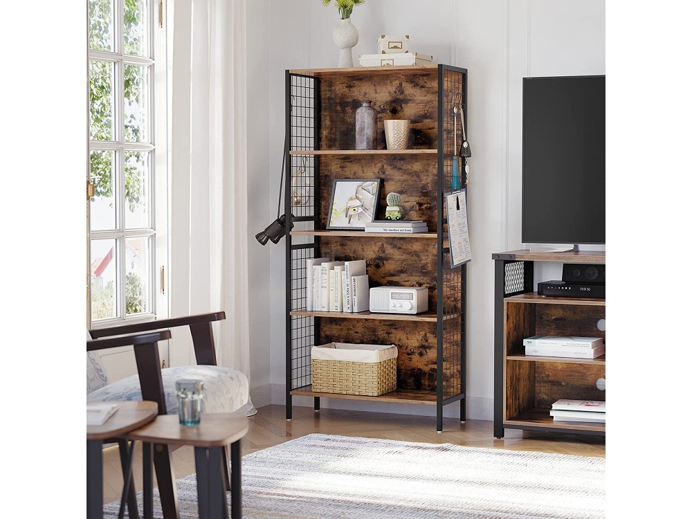 VASAGLE Bookcase, Office Storage Shelf, 4 Shelves & 4 Hooks, Rustic Style 74 x 30 x 155cm