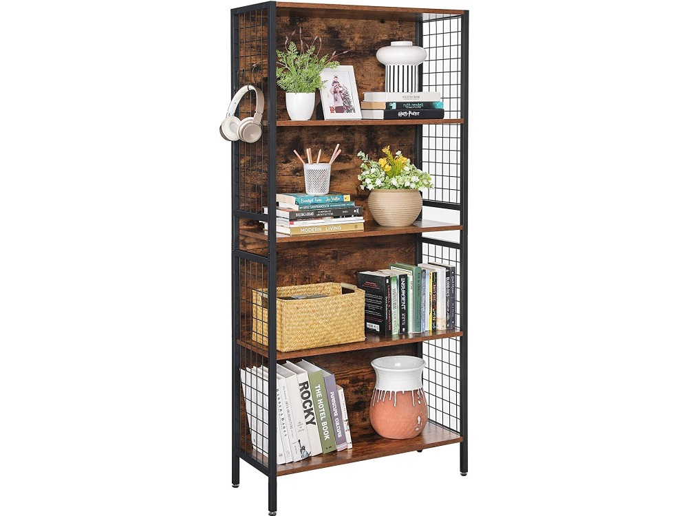 VASAGLE Bookcase, Office Storage Shelf, 4 Shelves & 4 Hooks, Rustic Style 74 x 30 x 155cm