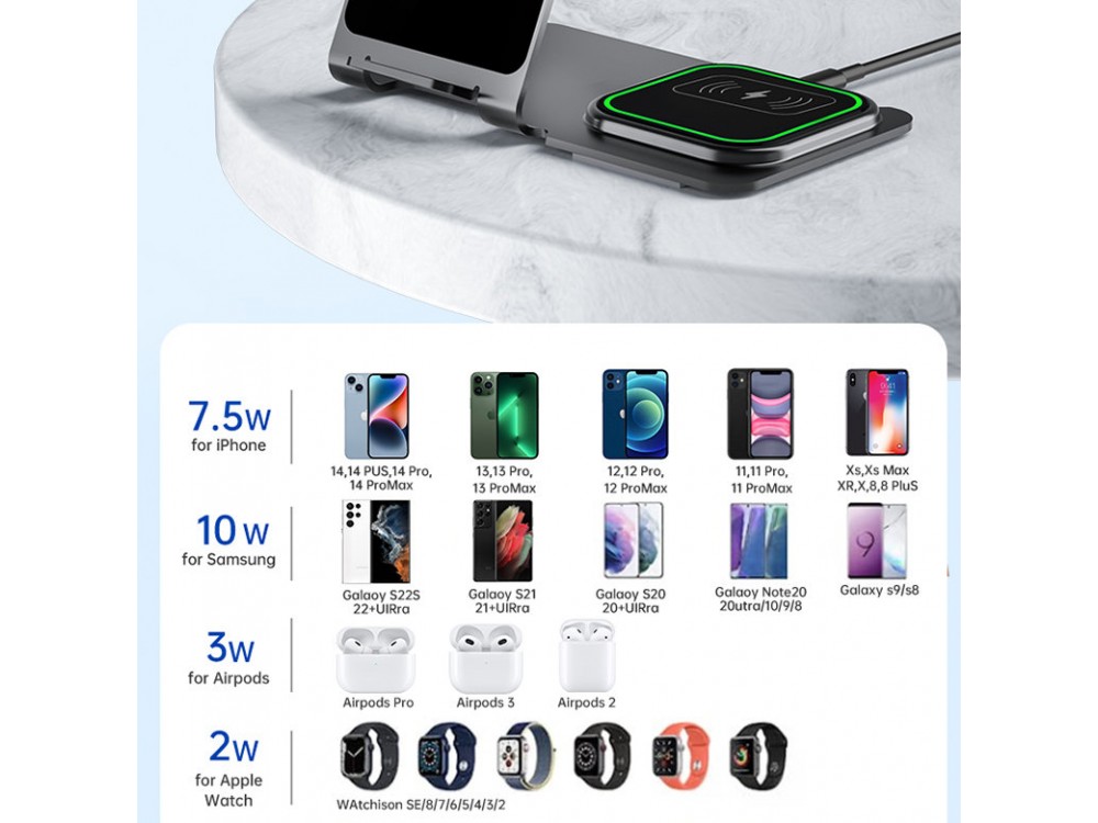 Veger Y9 3-in-1 Qi Pad Wireless Charging Station, Βάση Ασύρματης Φόρτισης 20W για Smartphone / Apple Watch / Airpods - Γκρι